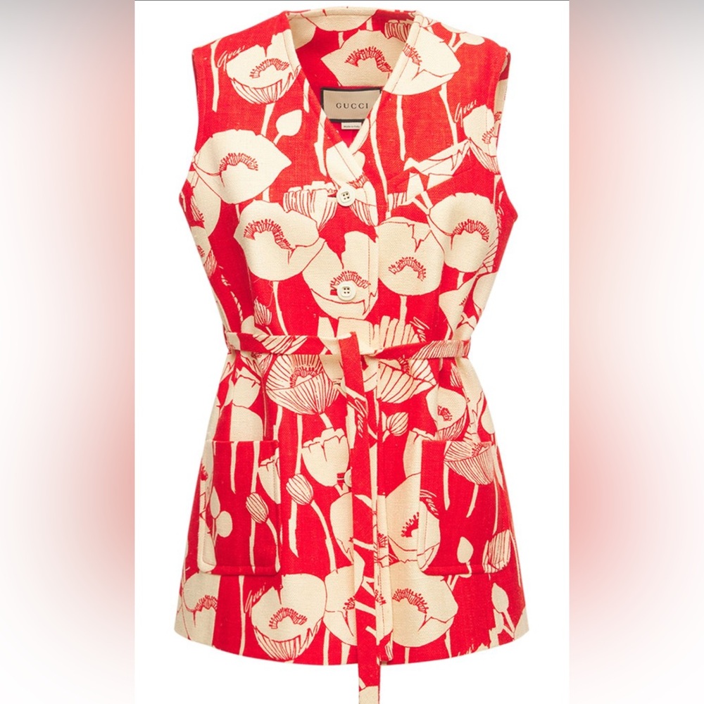 Gucci Poppy Flowers Print Silk Waistcoat In Red